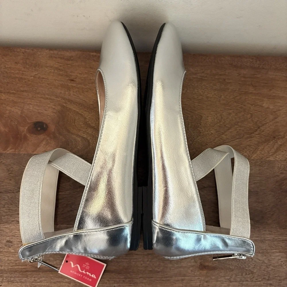 Nina Girls Dress Shoes Ballet Flats Silver Metallic Leather Marissa Size 5 NEW